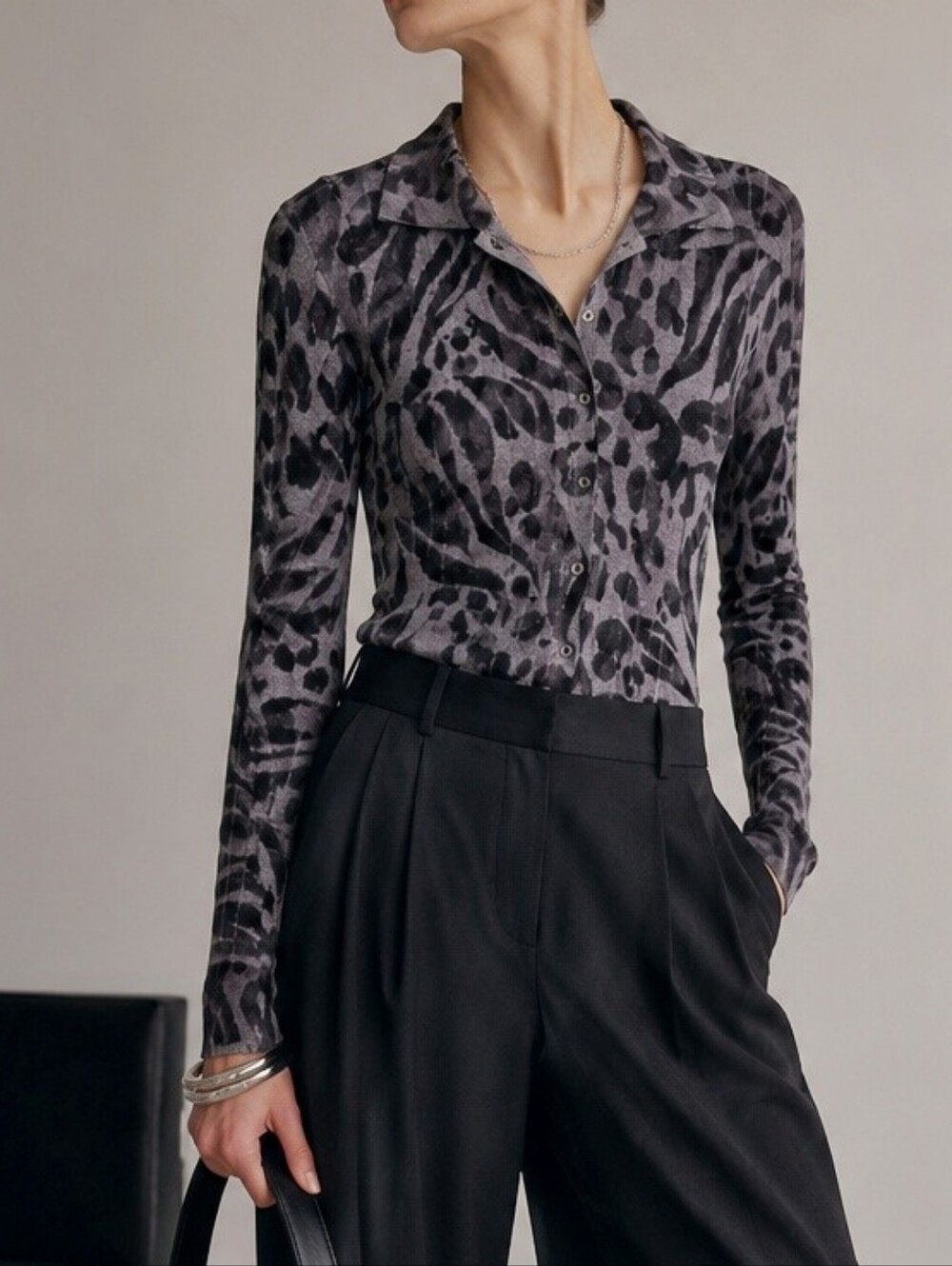 $228 PILCRO Anthropologie Cashmere Rib Cardigan Sweater Animal Leopard Gray XXS